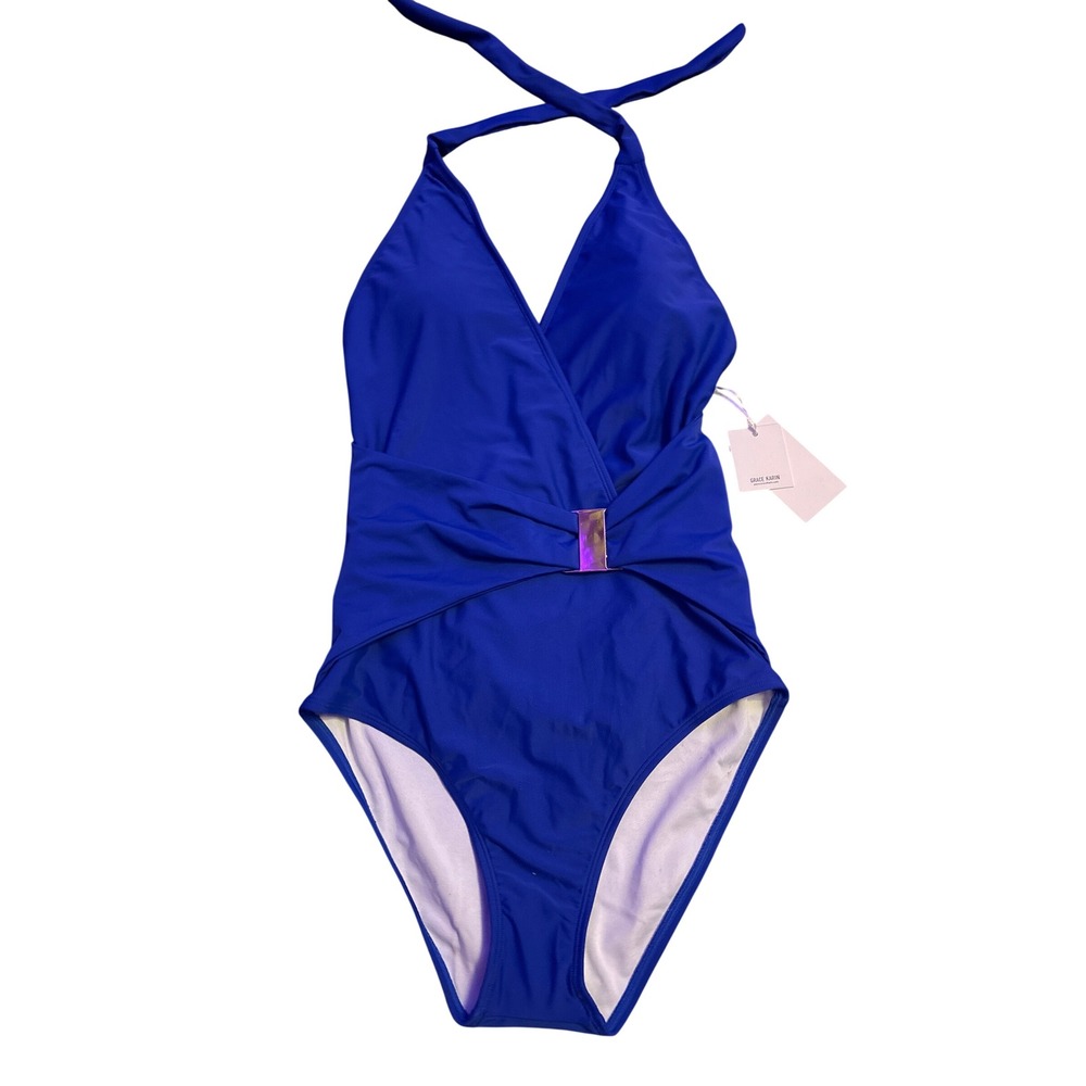 NWT Grace Karin Royal Blue Halter Wrap Tummy Control One Piece Swimsuit Size S